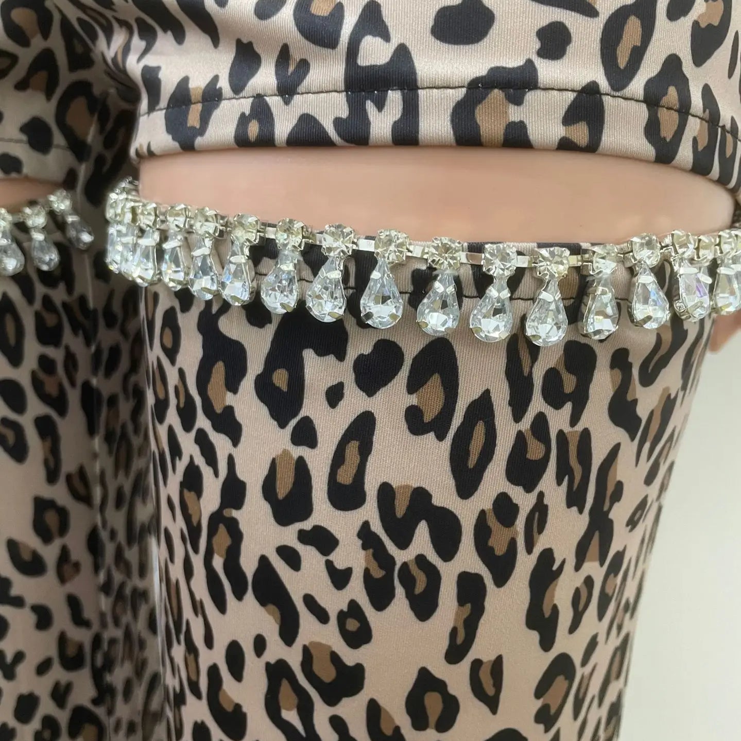 Women Cutout Diamonds Crystal Hollow Out Straight Pants 2024 Fall Winter Leopard Print High Waist Wide Leg Trousers