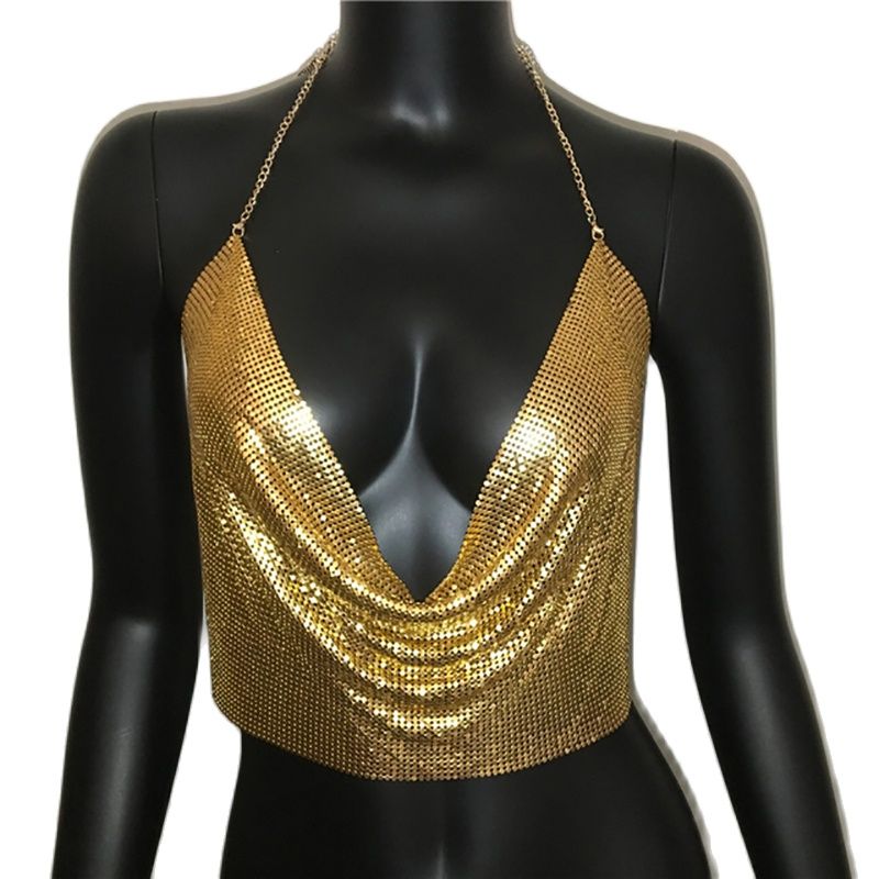 Women 2024 Sexy Metal Sequined Tank Camis Summer Gold Silver Backless Cropped Glitter Beach Club Show Wear Tank Tops Gold 25 cm One Size