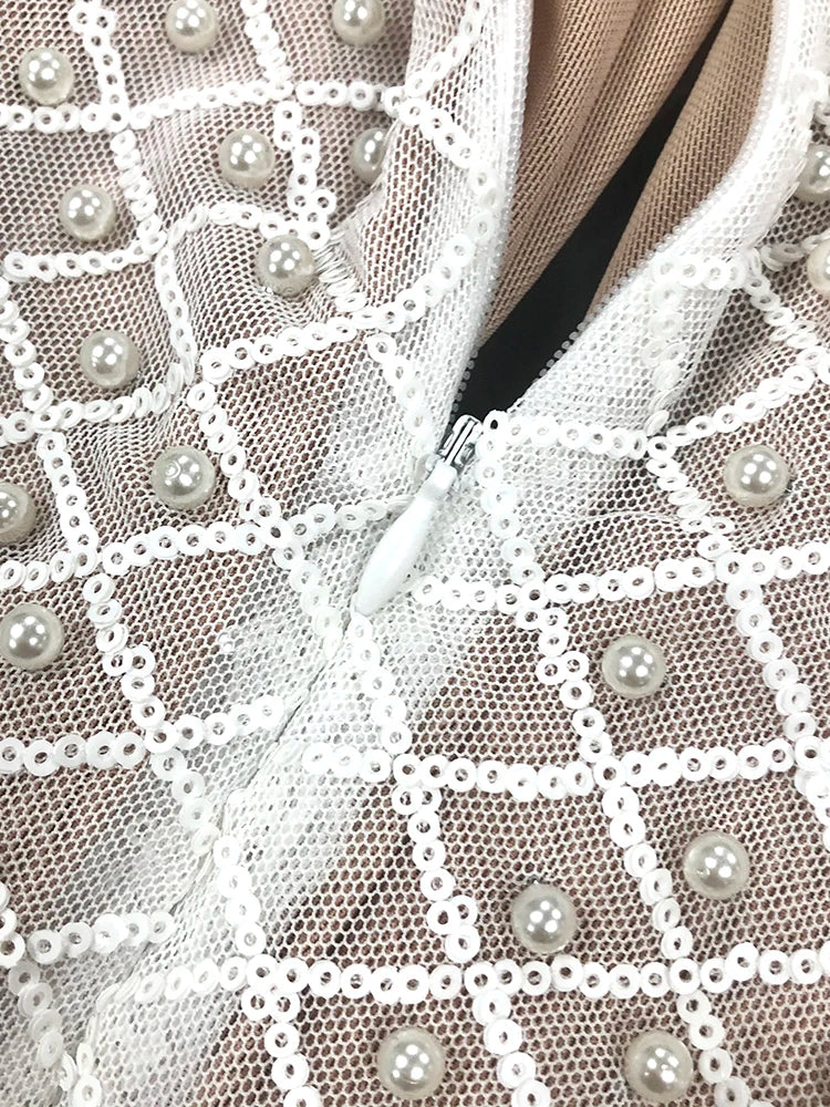 Pearl Sequins Hollow Out Short Dress For Women Sexy Long Sleeve Key Hole Bow Tie Diamond Beige Mini Evening Party Dress