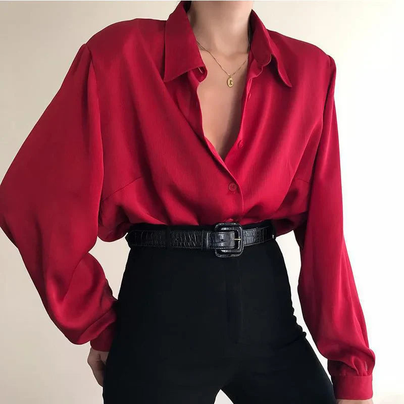 Women Button Blouses Turn Down Collar Shirts Office Lady Long Sleeve Casual Blouse Loose OL Shirt Baggy Tops Red/Wine Red /Black Red