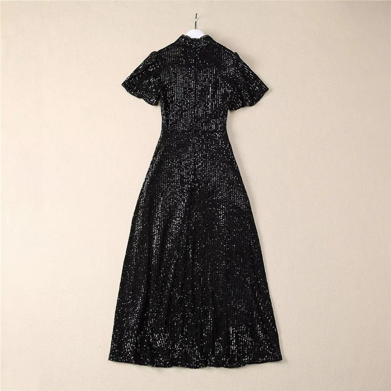 Solid Spliced Sequins Fashion Dresses for Women Round Neck Short Sleeves Patchwork Folds Elegant Dress Female New