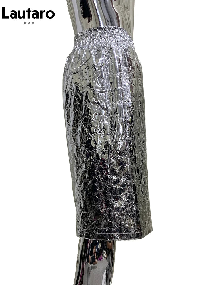 Lautaro Summer Autumn Shiny Silver Faux Leather Shorts for Men with High Elastic Waist Y2K Streetwear Emo European Clothes 2025