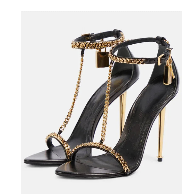 Metal Decor Heeld Sandals Pointed Toe Gold Heels Chain Ankle Buckle Strap Women luxury Designer Shoes Summer Handmade Tacones Black