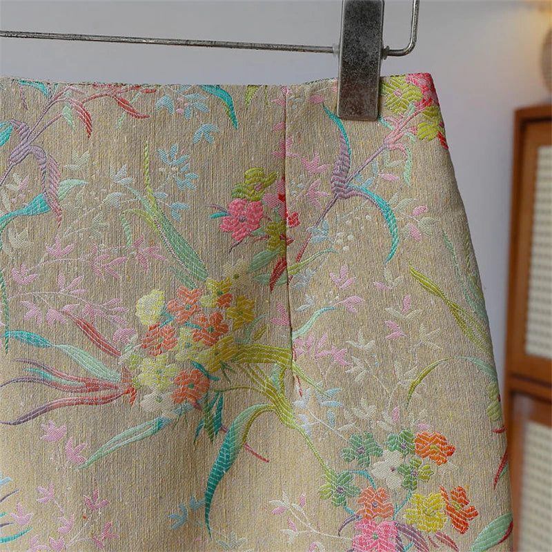 Women Chinese Style Vintage Floral Embroidery Elegant Party Midi Skirts Summer High Waist Slim Pencil Skirt Ropa De Mujer