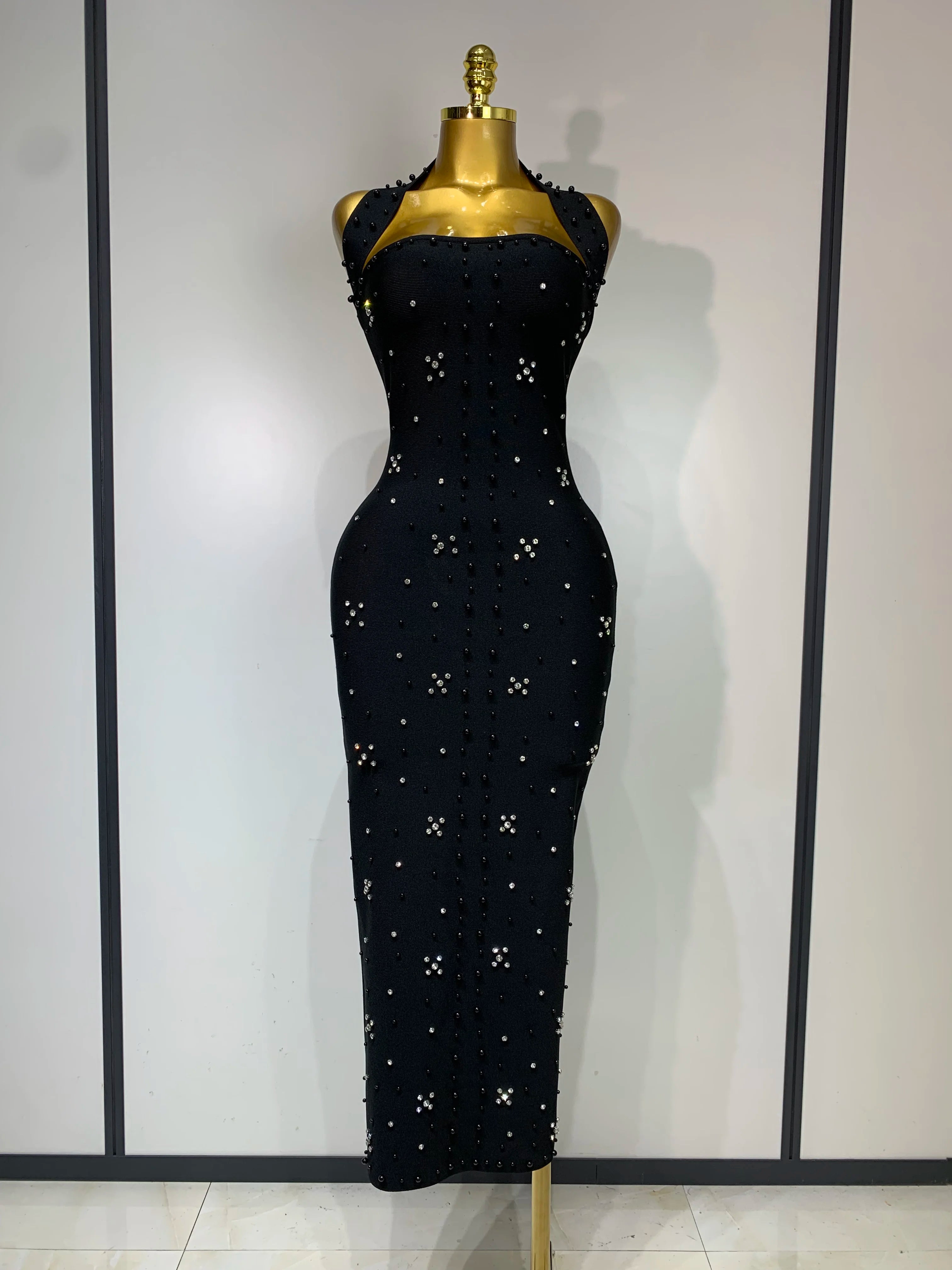 Women Sexy Halter Backless Shiny Rhinestone Pearl Bodycon Bandage Dress Celebirty Elegant Evening Party Luxury Birthday Dress black