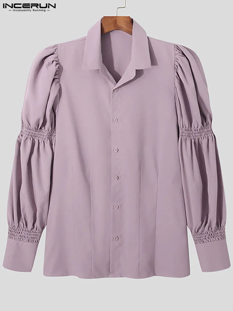 INCERUN Tops American Style New Men Solid Puff Sleeve Shape Blouse Fashion Party Shows Male Loose Long-sleeved Shirts S-5XL