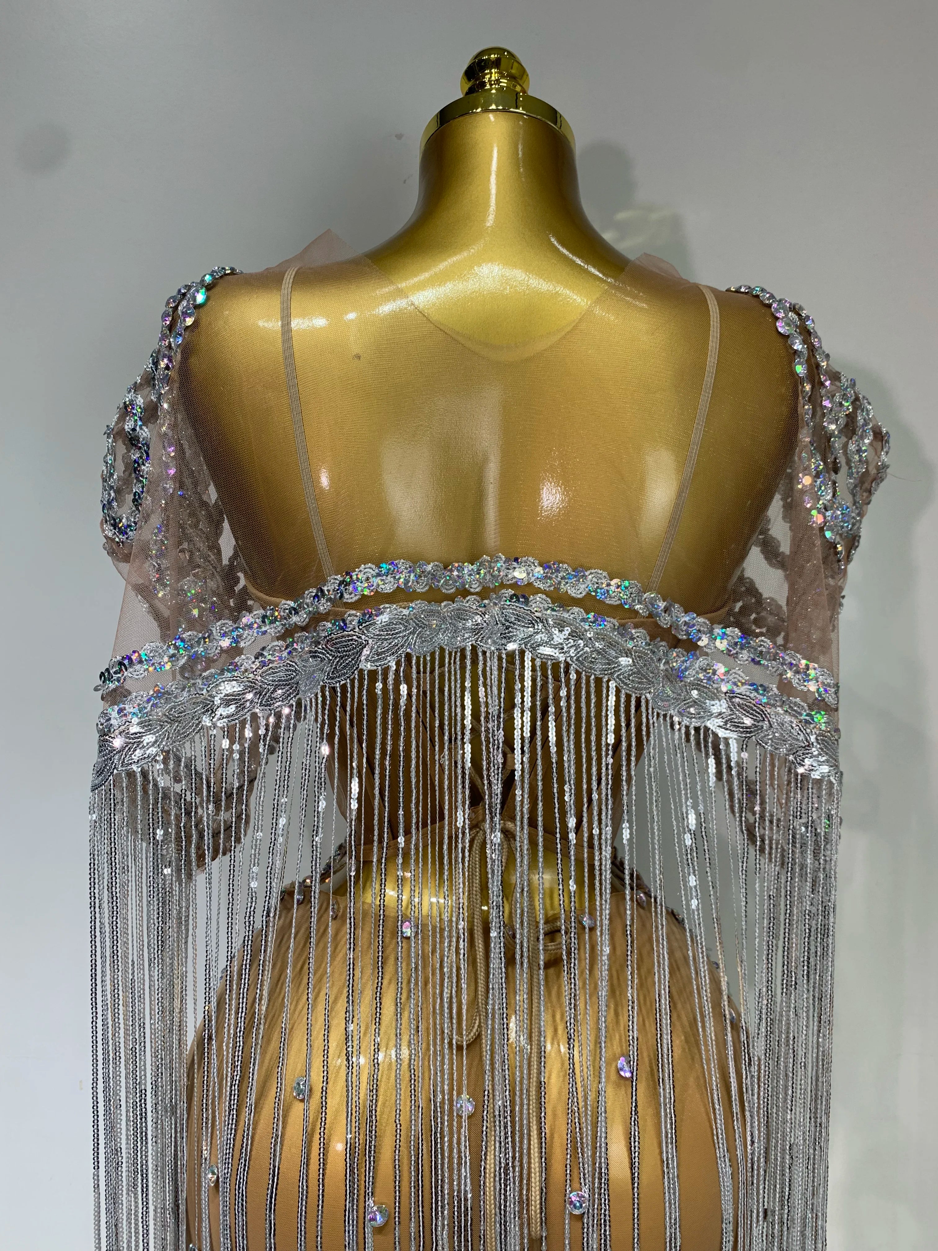 Sparkly Rhinestones Tassel Sexy Mesh Transparent Short Dress Women Evening Party Luxury Birthday Nightclub Singer Stage Costume