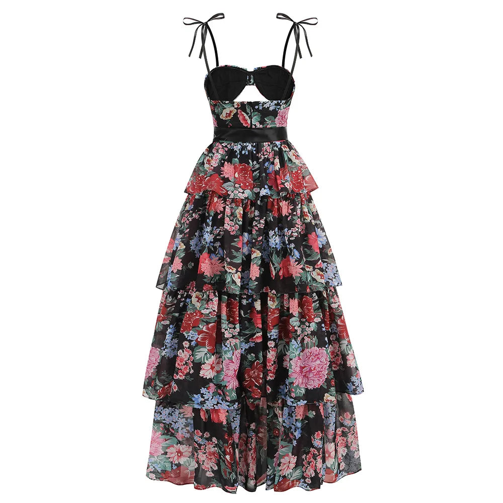 Women Sleeveless Sexy Strap Flowers Print Ruffles Loose Long Maxi Dress Evening Party Celebrate Birthday Vacation Outfit