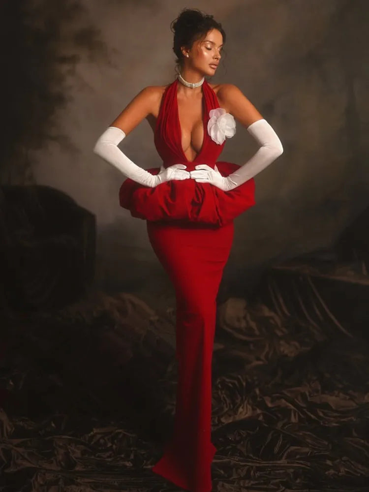 New Women Celebrity Sexy Halter Backless Red Flower Maxi Long Bodycon Bandage Dress 2025 Elegant Evening Club Party Dress