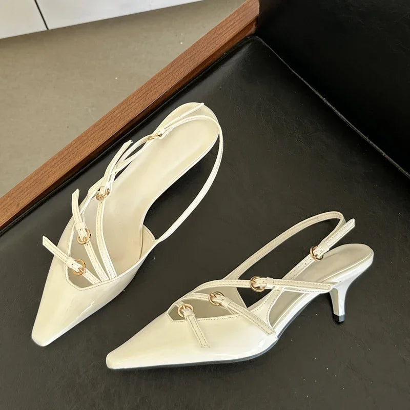 Eilyken Designer Narrow Band Buckle Strap Pumps Women Sexy Pointed Toe Thin Heels Wedding Banquet Dress Mule Ladies Shoes White
