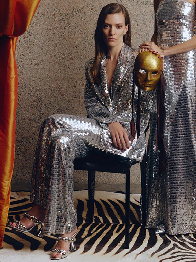 New Spring Shinning Sequined Women Long Sleeve Single Button Tops Floor-Length Pants Set Celebrate Evening Party Women's Set