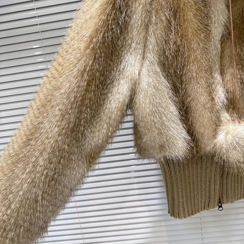 Winter New Fashion Gradient Wool Thread Waist-Cinching Faux Fur Short Coat For Women Stand Collar Jacket 11A07649