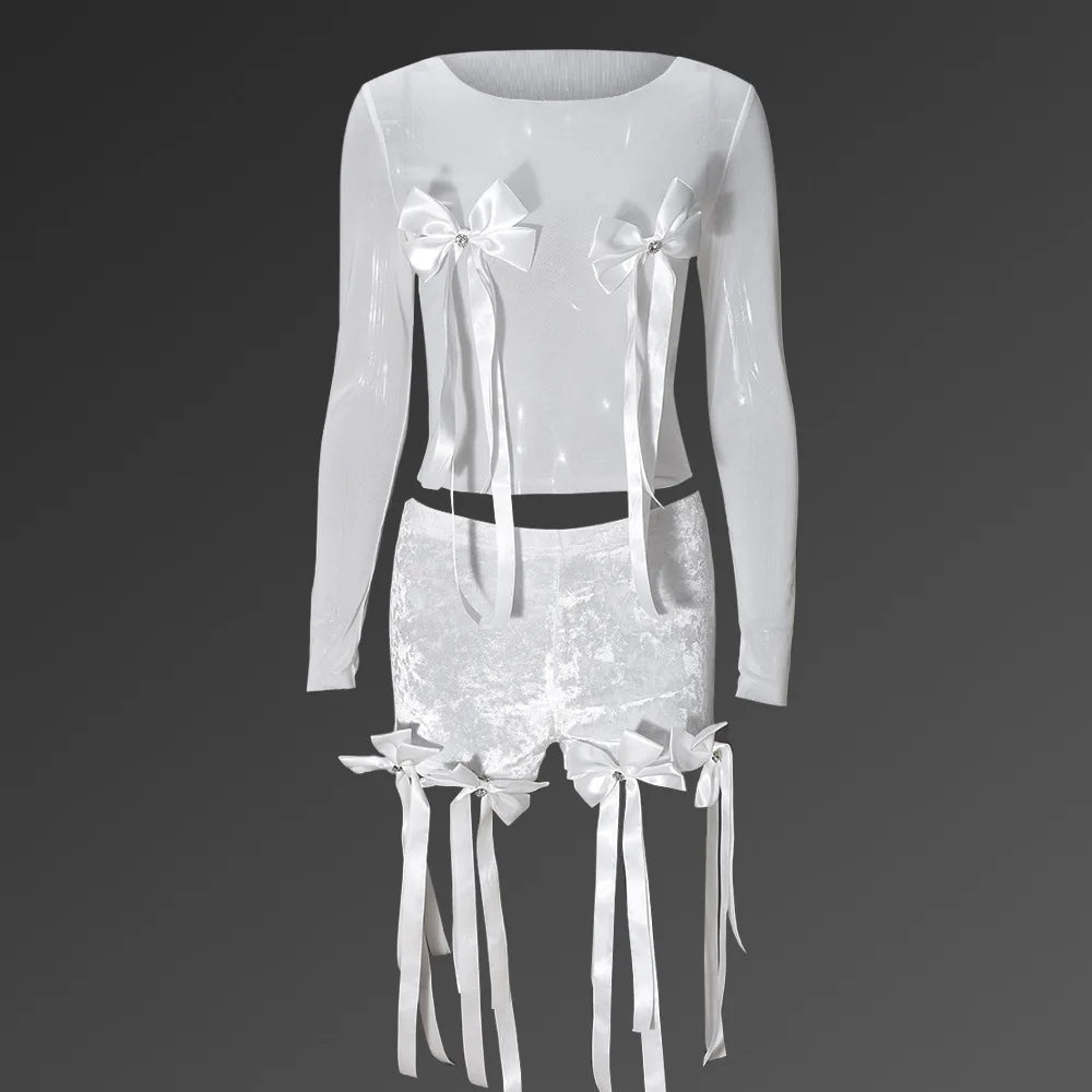 Women's Set Bow O-Neck Mesh Long Sleeve Tops + Velvet Shorts Suits Streetwear Sexy Two 2 Piece Outfits Tracksuits Summer White