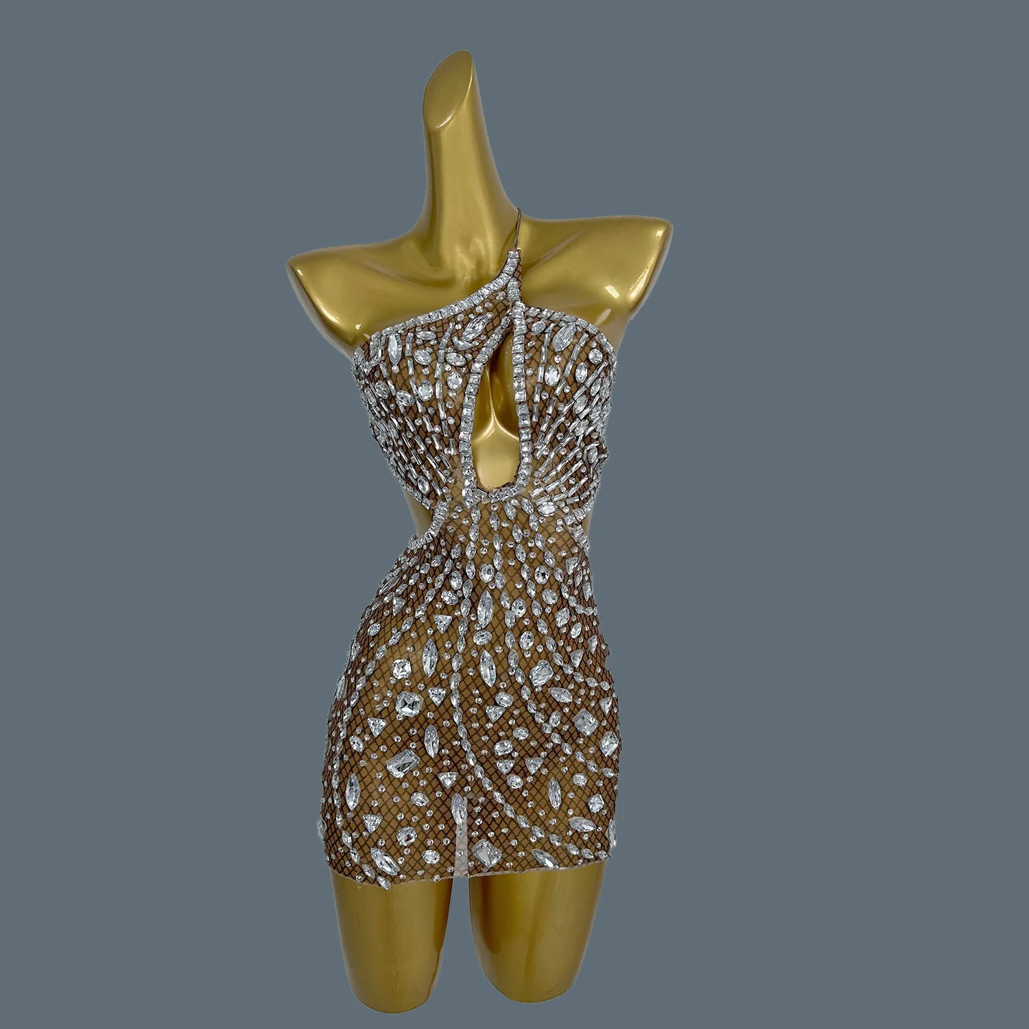 Luxury Women Sparkly Diamonds Backless Hole Sexy Party Mini Dress Performance Club Stage Singer Dancer Wear Party Gown Juanlian Brown