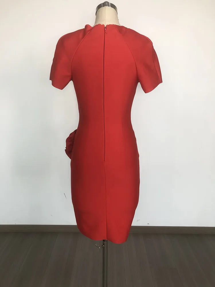 Women Celebrity Sexy Short Sleeve Red Flower Mini Flower Bodycon Bandage Dress 2025 Elegant Evening Club Party Outfit