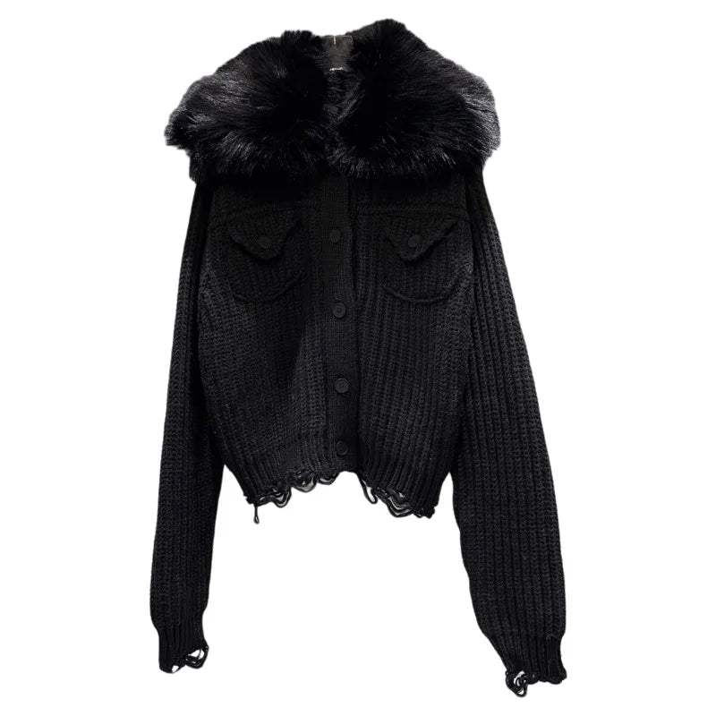 Winter New Street Style Faux Fur Collar Pocket Thick Knit Sweater Jacket For Women Single-breasted Cardigan 11A07488