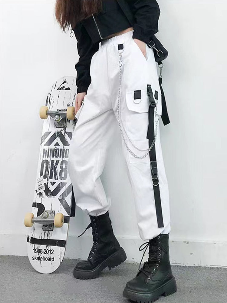 Women Cargo Pants Harem Pants Fashion Punk Pockets Jogger Trousers With Chain Harajuku Elastics High Waist Streetwear White