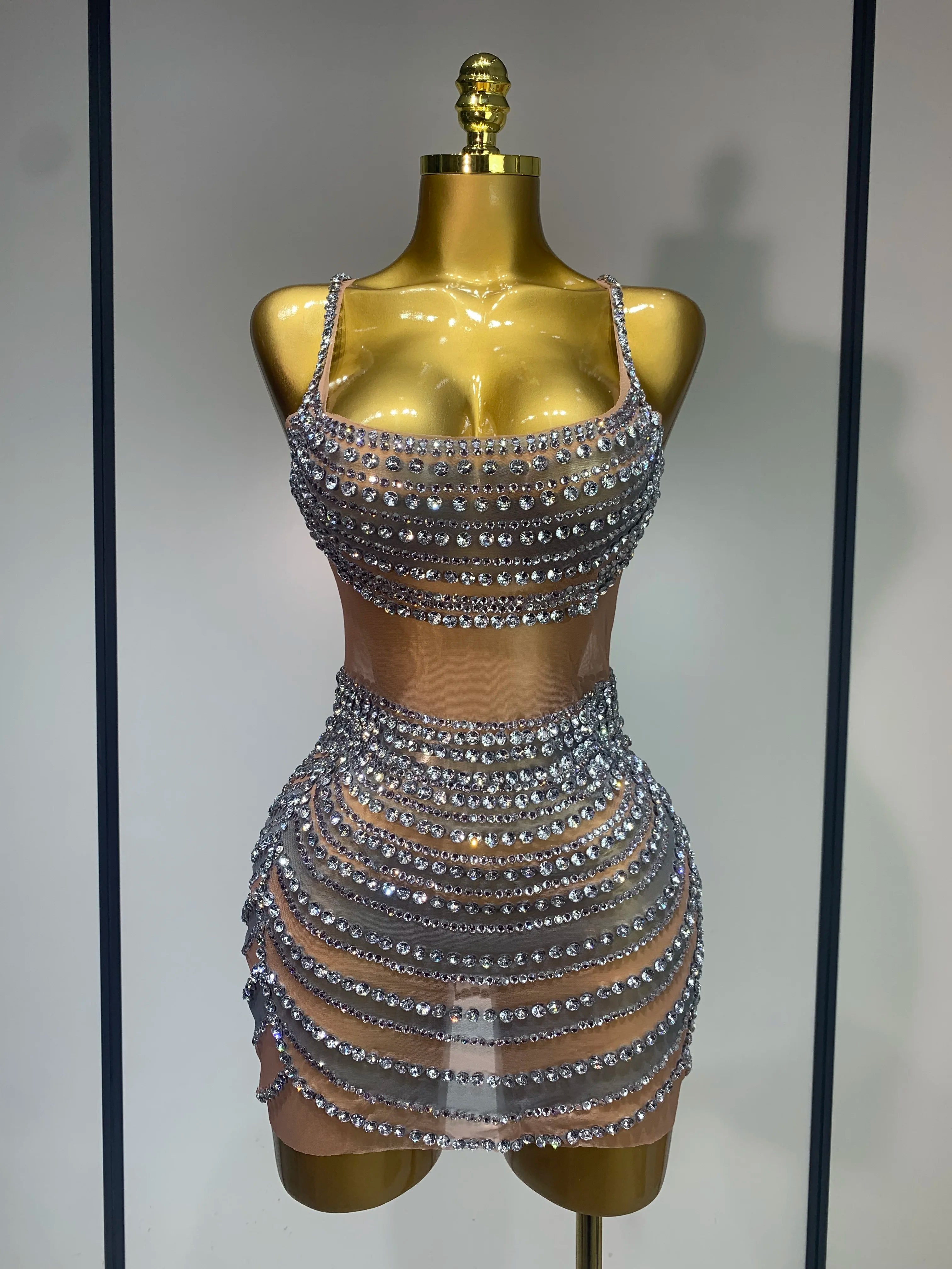 Sparkly Rhinestones Sleeveless Mini Dress Evening Birthday Celebrate Evening Party Dress Nightclub Stage Performance Costume Silver