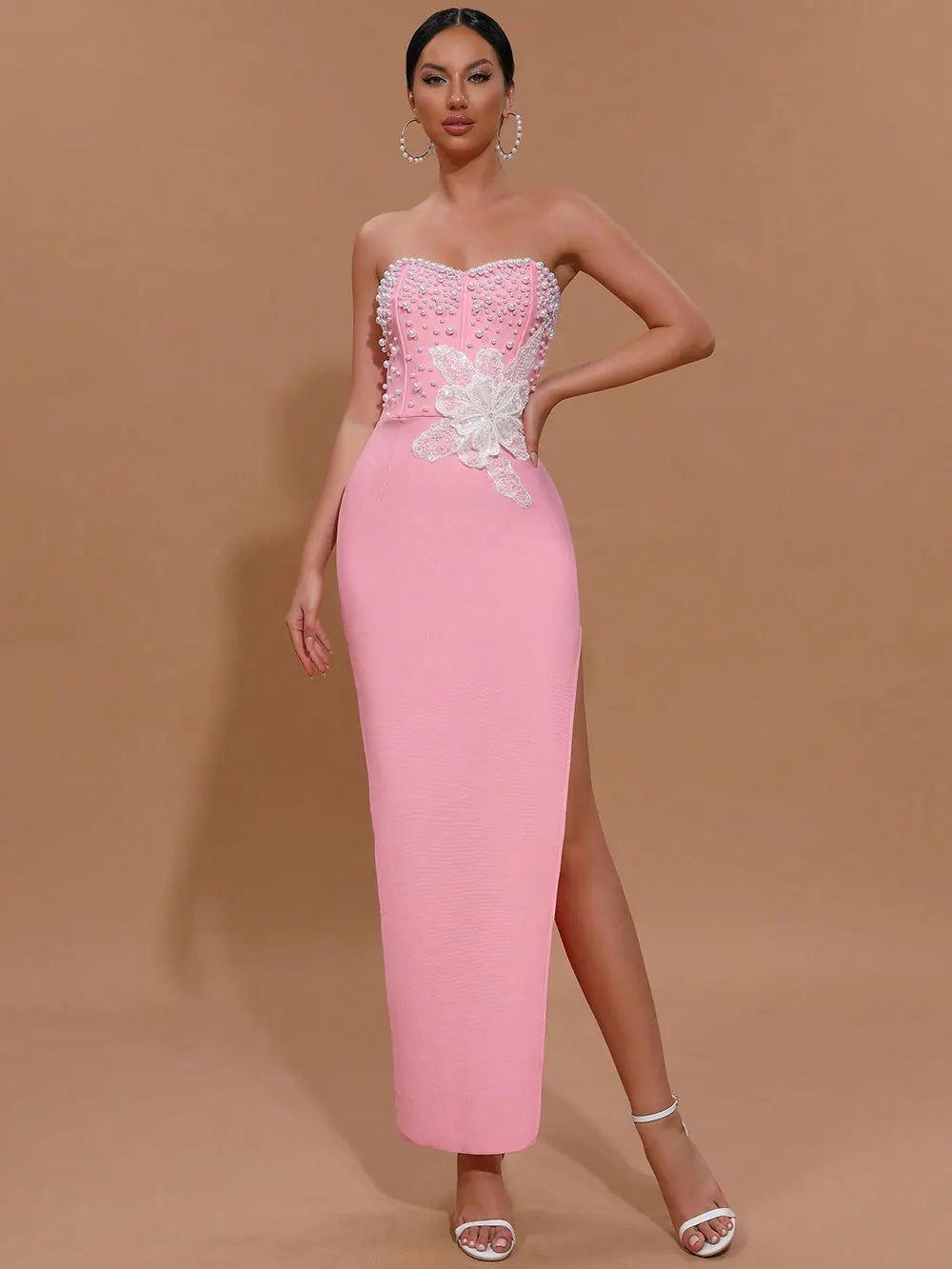 2025 Spring Sexy Women's 3D Flower Pearl Bandage Dress Strapless Sleeveless Bodycon Backless Long Dress Club Party Vestidos Pink
