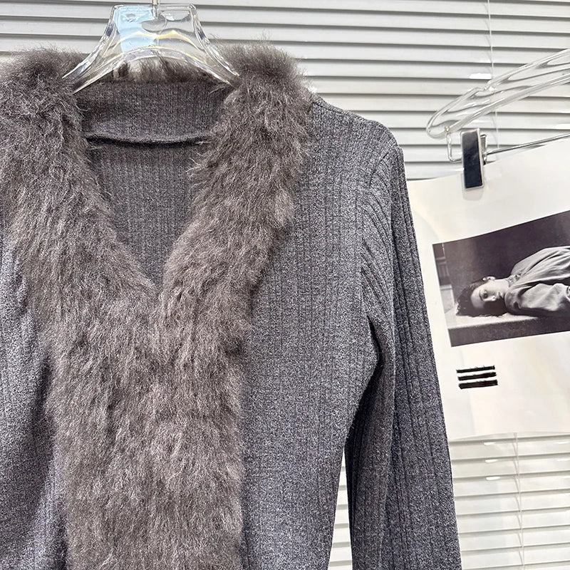 Winter New Fashion V-Neck Fur Collar Patchwork Long Sleeve T-Shirt For Women Versatile Knitted Cardigan 11A07844