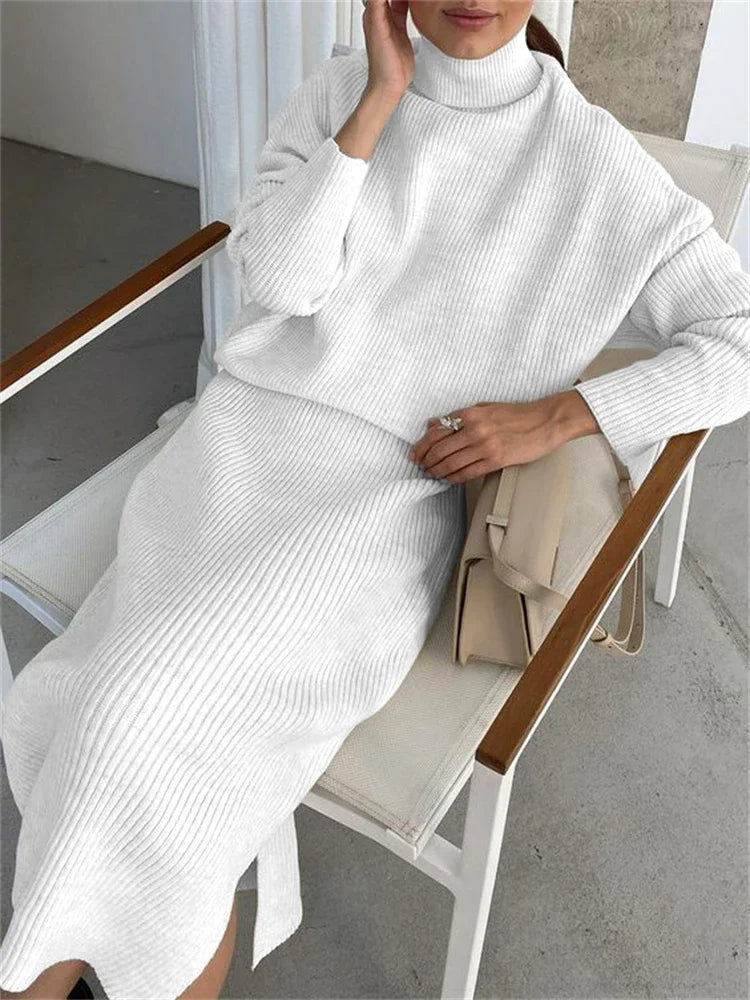 new Ribbed Knit 2 Piece Dress Set Outfits Ladies Knitwear Top And Midi Skirt Sets For Women Casual Winter Sweater Sets