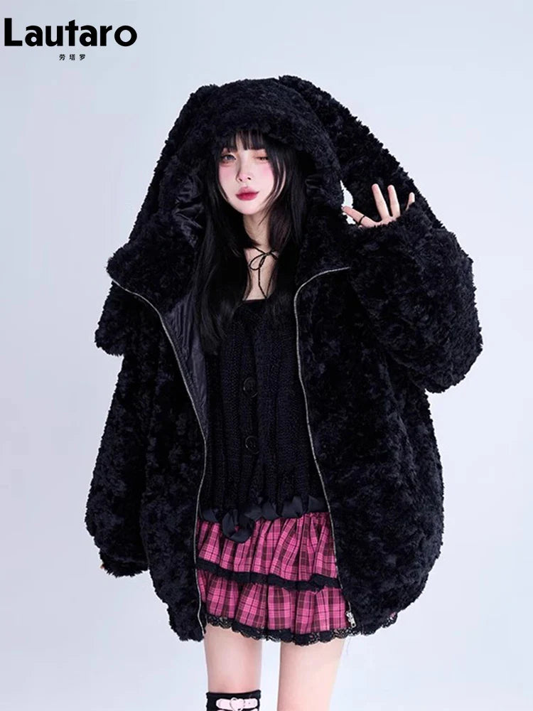 Autumn Winter Sweet Cute Lovely Warm Thick Soft Black Faux Fur Coat Women Bunny Ears Fuzzy Fluffy Jacket Hoodie 2023