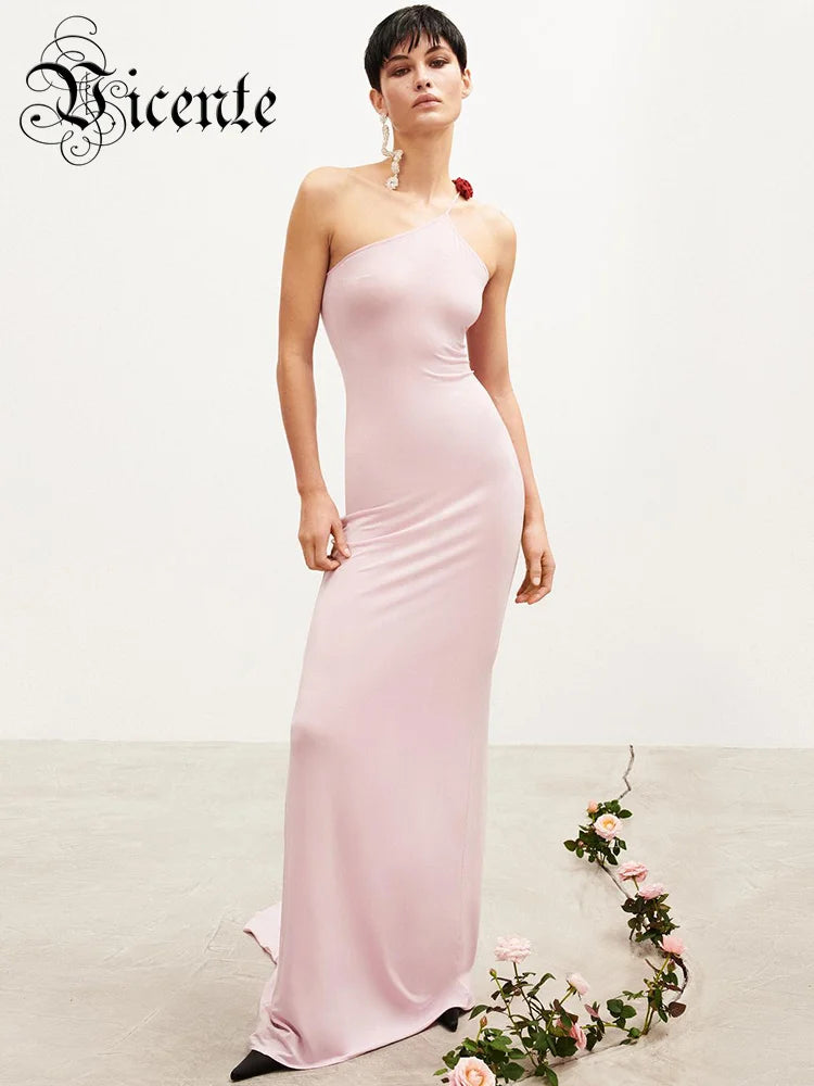 Women'S Pink Dress Elegant And Pretty Maxi Gown 3D Flower Design Diagonal Collar Sleeveless Formal Party Vestidos
