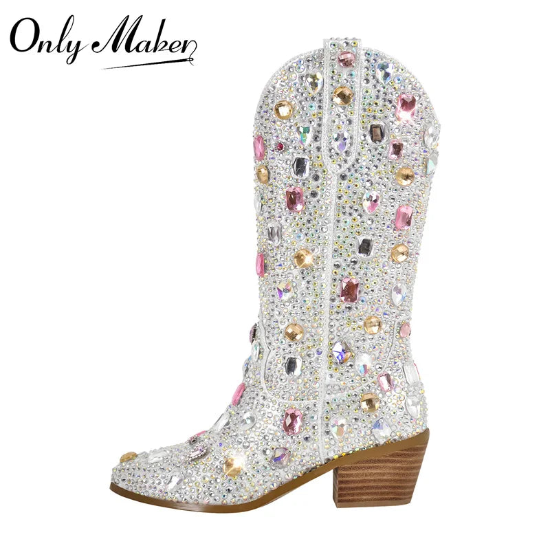 Women Sparkly Multi-colored Rhinestone Handmade Mid-calf Western Boots