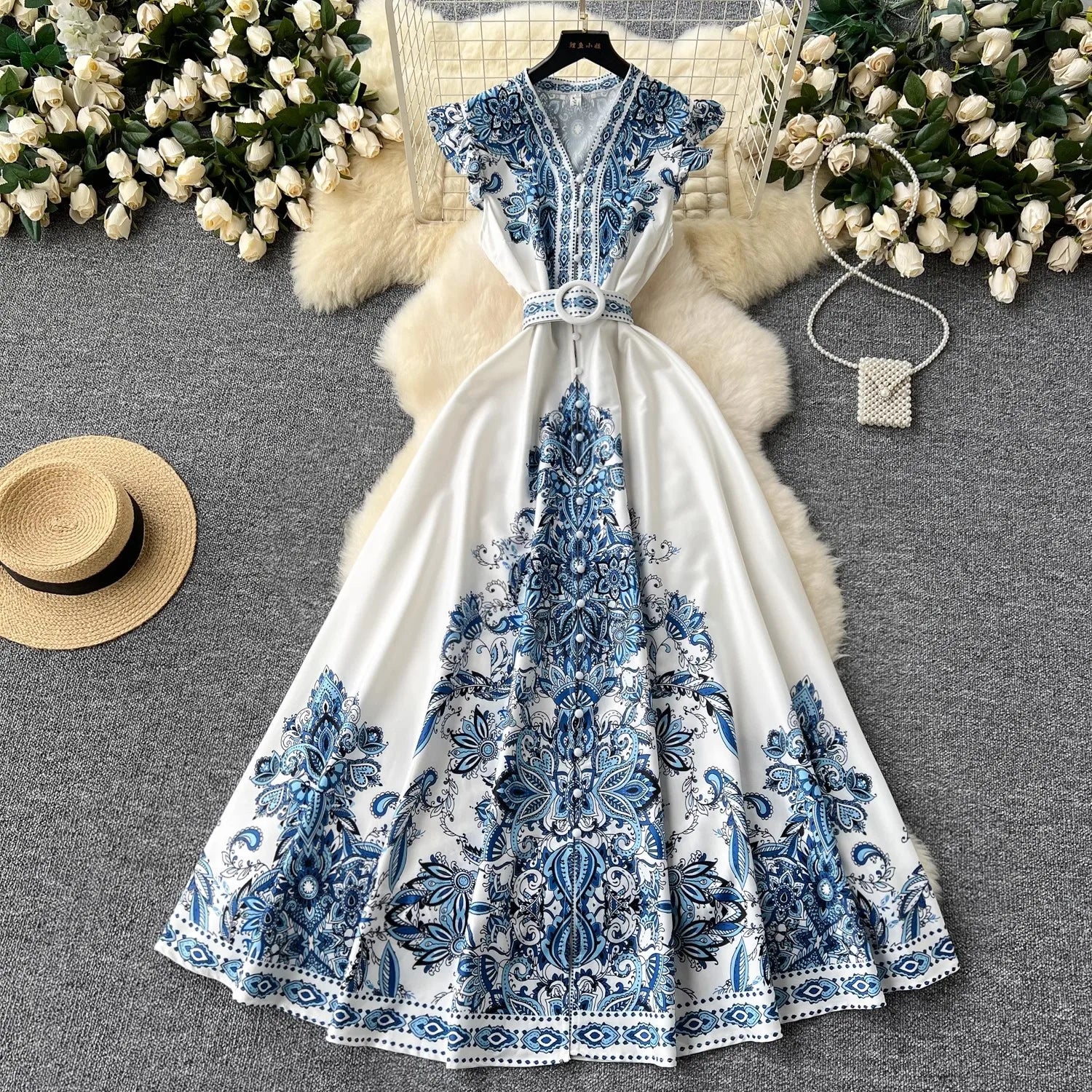 2024 Summer Women Clothing Runway Fashion Paisley Print Flying Sleeve V-Neck Single Breasted Belted Vintage Party Long Vestidos white