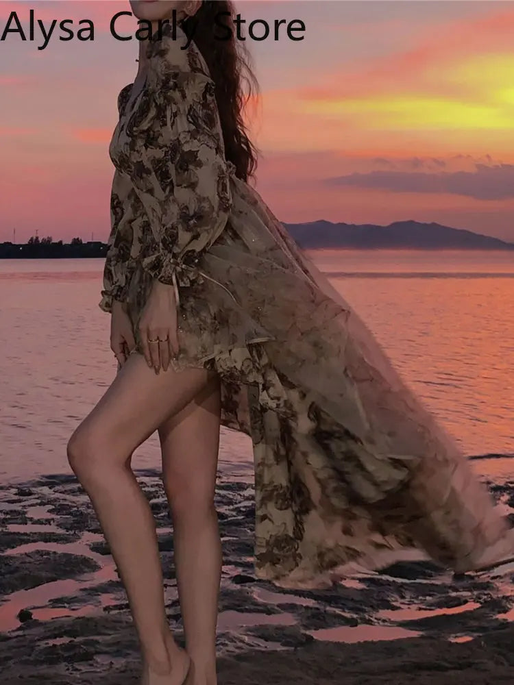 Autumn Floral Fairy Dresses for Women Luxury Designer Slim Korean Princess Dresses Female Chic Elegant Casual Party Dresses