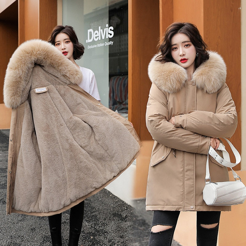 Parka à capuche pour femme, manteau Long, doublure en laine, nouvelle veste d'hiver Slim avec col en fourrure, vêtements chauds pour la neige, vêtements rembourrés, 2022