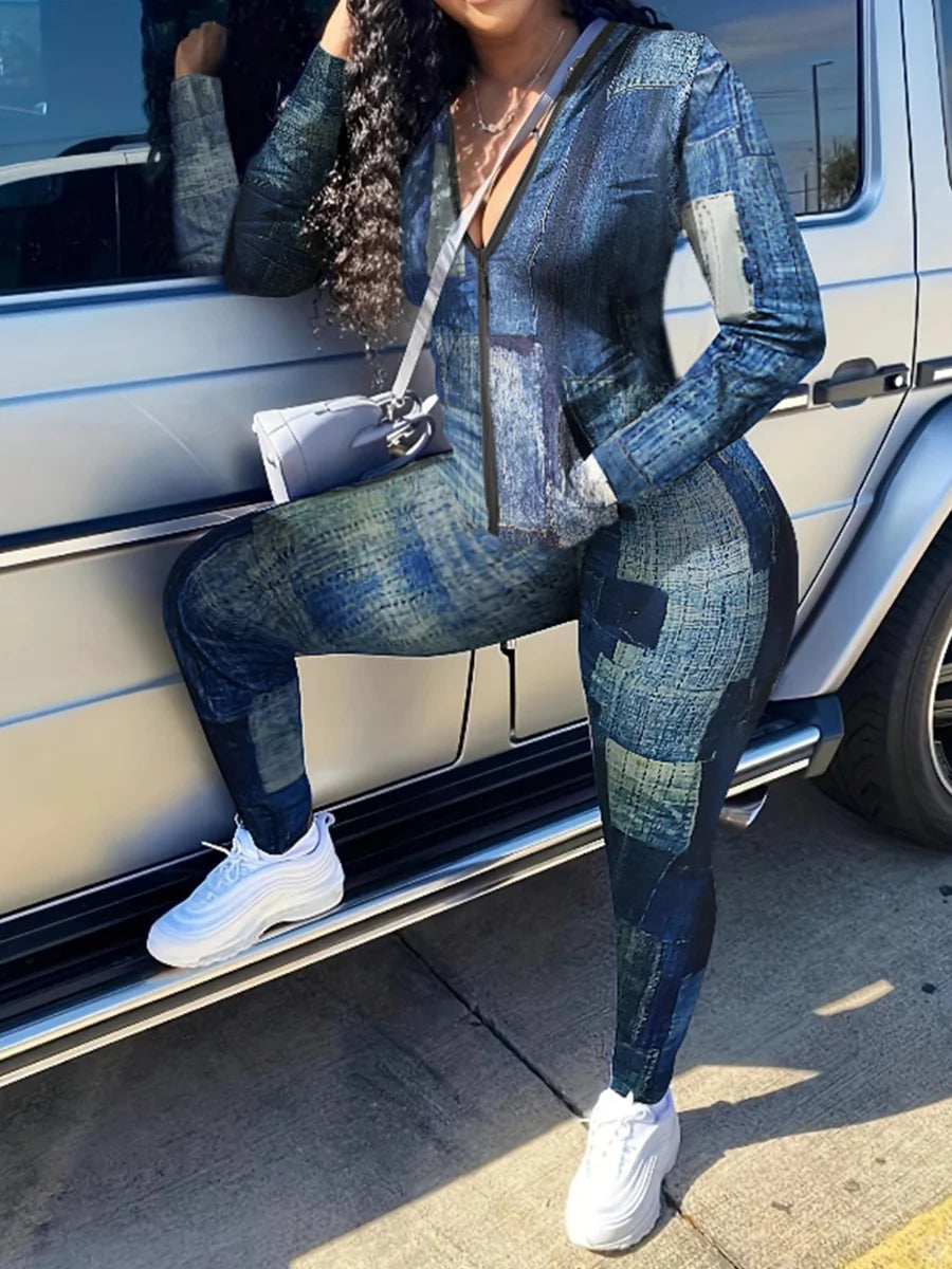 LW Plus Size Imitaton Denim Pocket Design Regular Fit Pants Set 2023 Women Autumn Winter Gradient Print Two Pieces Matching Sets Blue