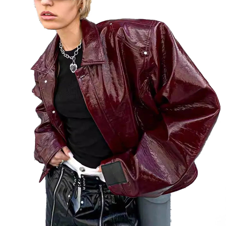 Lautaro Autumn Cool Short Oversized Pu Leather Jacket Women Shoulder Pads Zippper High Quality American Retro Punk Style Clothes