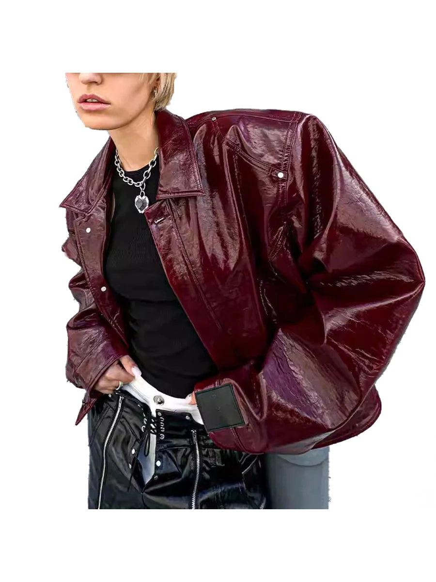 Lautaro Autumn Cool Short Oversized Pu Leather Jacket Women Shoulder Pads Zippper High Quality American Retro Punk Style Clothes