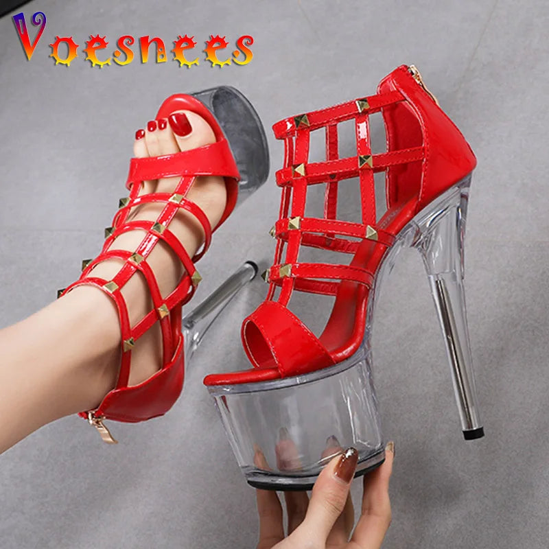Super High Heel 16.5CM Summer New Metal Rivet Sandals 2022 Chic Sexy Hollow Out Net Transparent Platform Nightclub Ladies Shoes