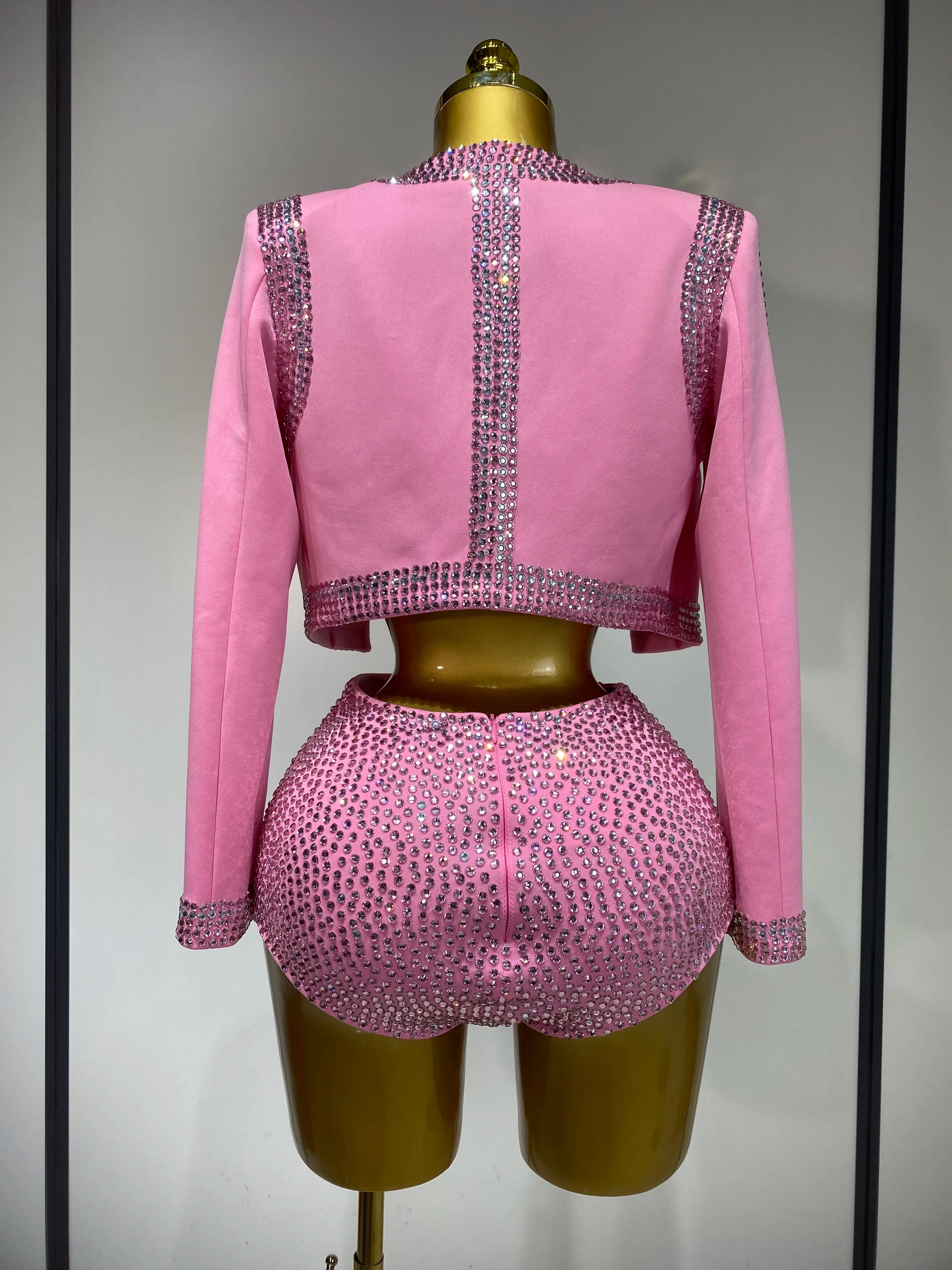 Luxury Rhinestone Jacket Bra Top And Matching Shorts Set 3 Pieces Outfits Women Sexy Sparkle Nightclub Singer Stage Outfit