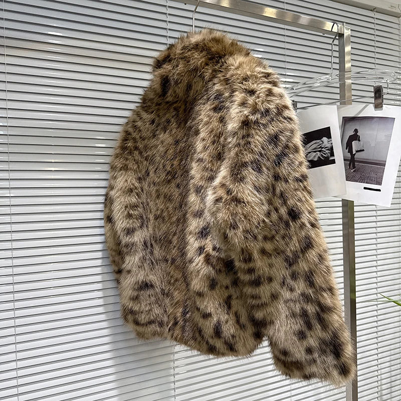 Winter New Fashion Leopard Print Furry Warm Faux Fur Coat For Women Loose Jacket Female Trend 11A07735