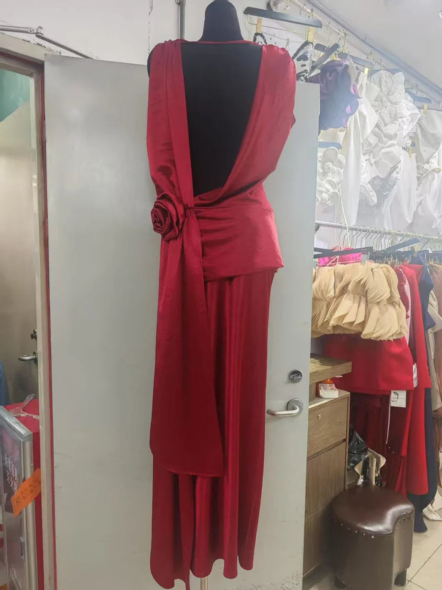 Solid Sliced 3D Flower Split Dresses for Women Swinging Collar Sleeveless Patchwork Folds Backless Dress Female New RED