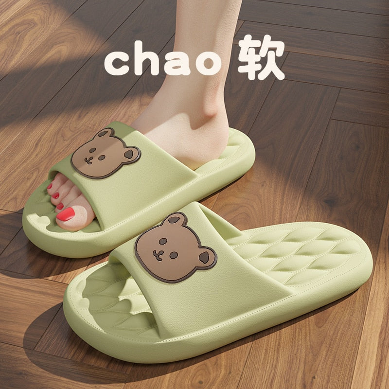 Solid Bear Slippers Cartoon Graffiti Shoes Women Summer Flip-Flops Beach Sandals Thick Platform Soft Cozy Casual Home Slippers Green1