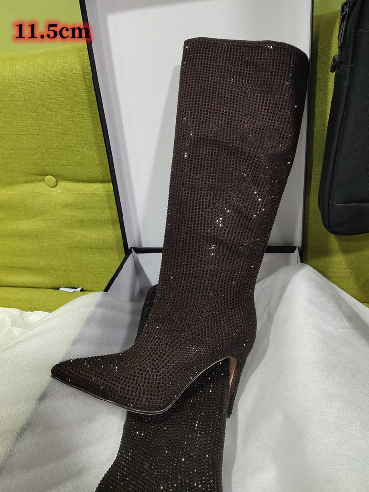 Women's New European and American Fashion Show Starry Sky High-heeled Rhinestone Pointed Nightclub Four Seasons Boots Black 11cm