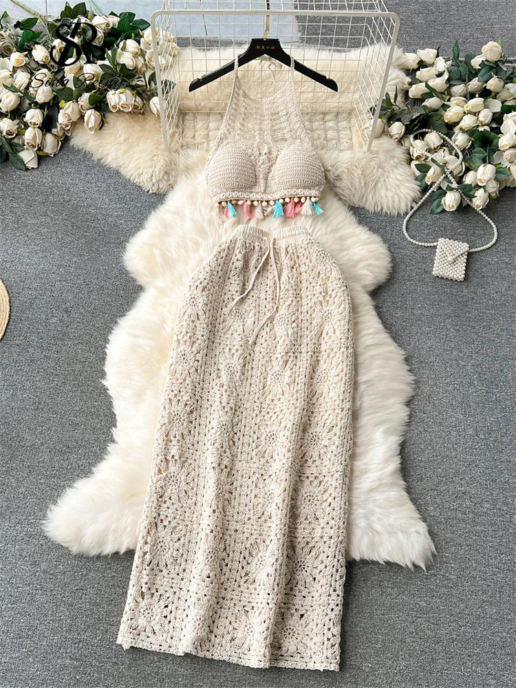 SINGREINY Fashion Knitted Two Piece Sets Halter Tassel Short Sexy Top+Hook Flower Retro Skirt Bohemian Vacation Beach Style Suit apricot One Size