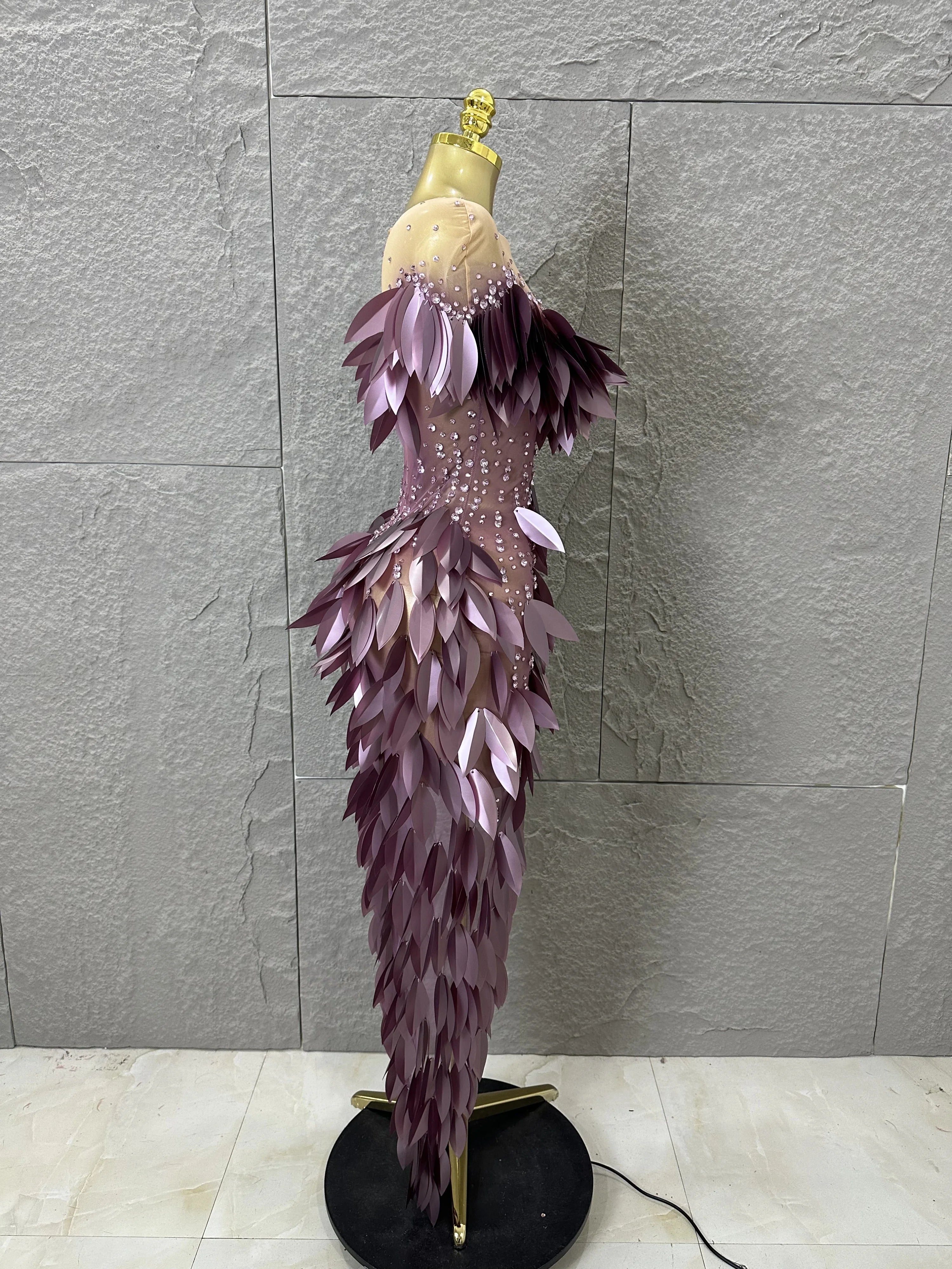Sparkly 2026 Purple Sheer Mesh Dress Women Sexy Illusion Neck Rhinestone 3D Leaf Fringe Bodycon Evening Gala Nightclub Outfit
