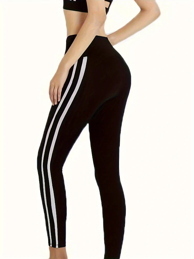 Fashion Stripe Fitness Sport Leggings Korean Version Long Gym Leggings with White Line High Stretch New Women Leggings YT91006 Black
