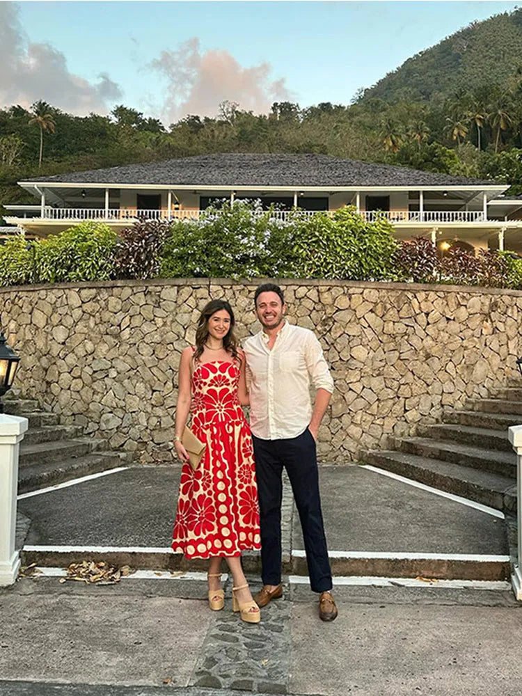 Fashion Red Print Spaghetti Strap Dress Women Sexy Backless Sleeveless Sling Robe Summer Female Casual Party Beach Vestidos