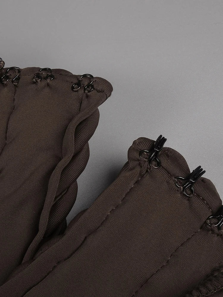 Chic Brown Sheer Side Mesh-Paneled Sleeveless Maxi Dress with Braided Details for Party Evening Gown