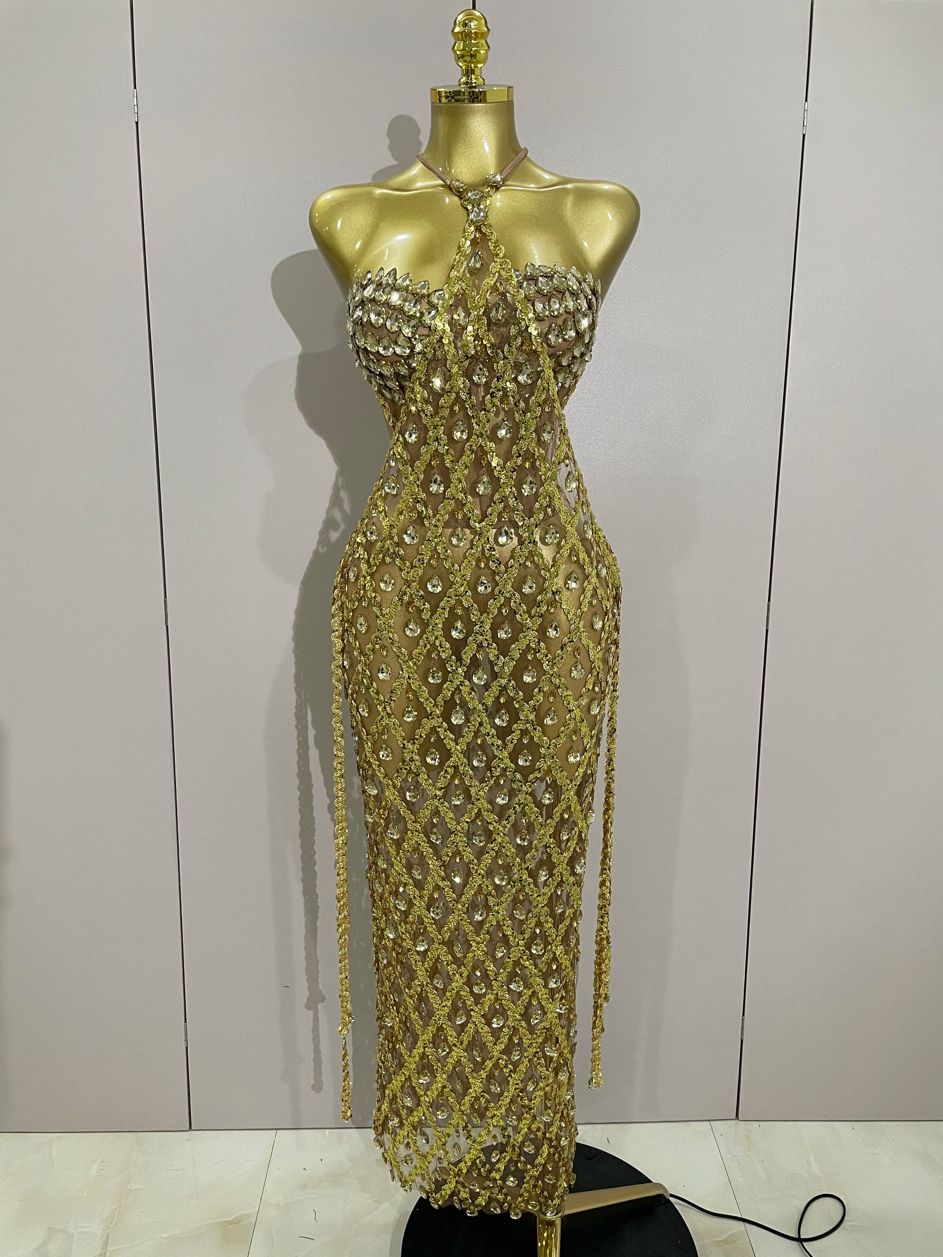 Stock Sexy Sparkly Gold Rhinestones Sleeveless Mesh Two Piece Long Dress 2025 Women Birthday Party Celebrate Prom Stage Costume Gold