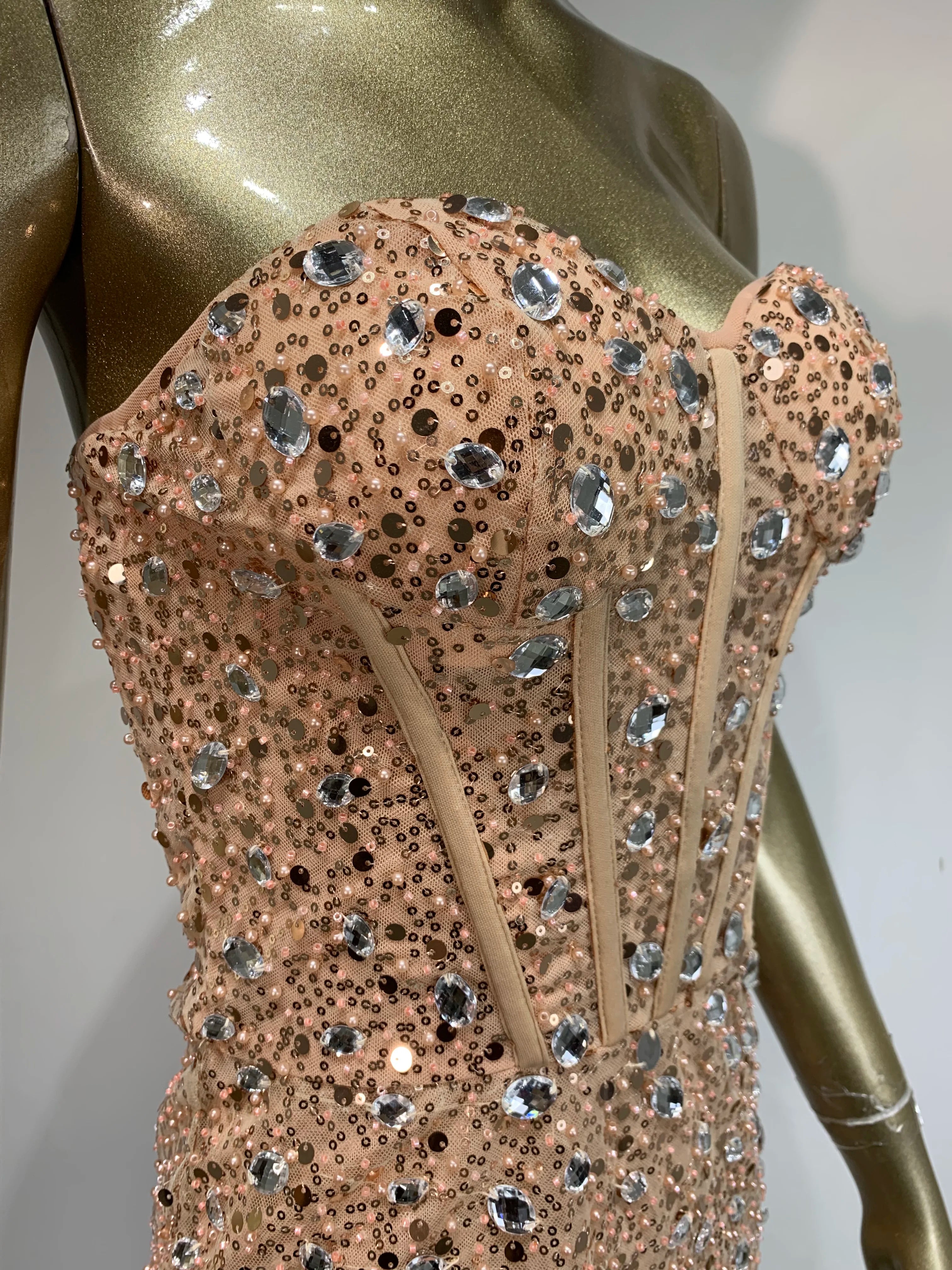 Summer Sexy Strapless Backless Mesh Sequins Diamonds Gold Mini Women Celebrity Dress 2024 Elegant Party Evening Club Vestido