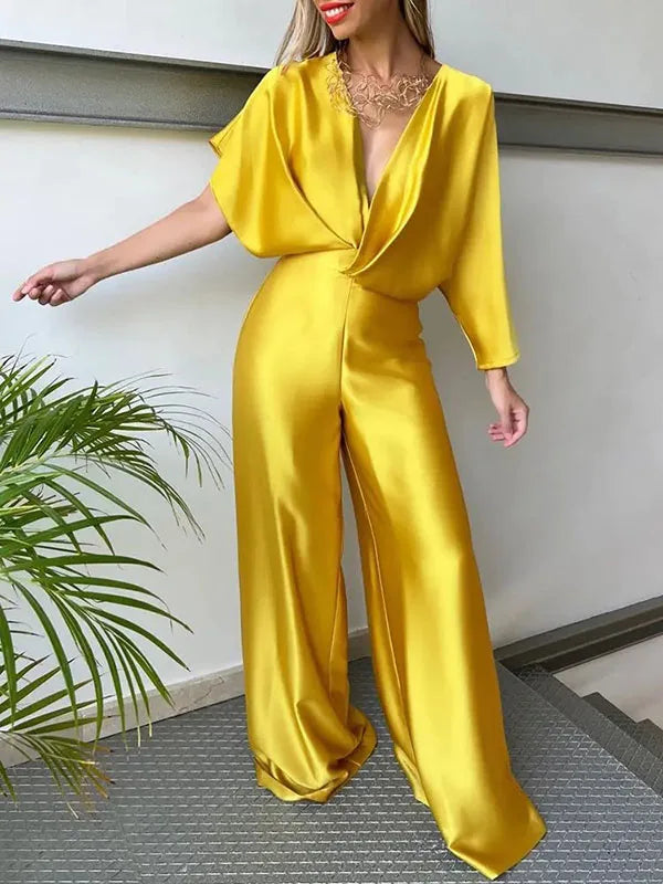 Women's Solid Color Jumpsuit Spring Summer Adult Female V-neck Sexy Short Sleeves High Waist One-piece Suits Yellow