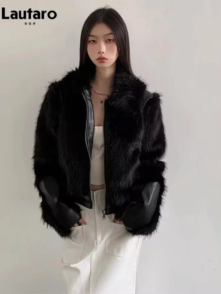 Autumn Winter Cool Short Black Soft Thickened Warm Hairy Shaggy Patchwork Faux Fox Fur Coat Women Fluffy Jacket 2023