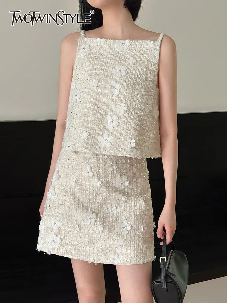 Patchwork Floral Two Piece Sets For Women Round Neck Sleeveless Vest High Waist Mini Skirt Casual Set Female 2023